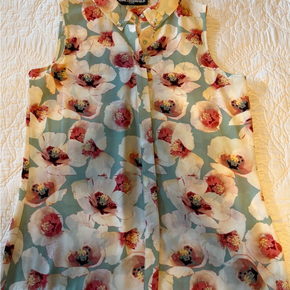 Karl Lagerfeld Floral Button-Front Blouse in Mint, Blush and Cream
